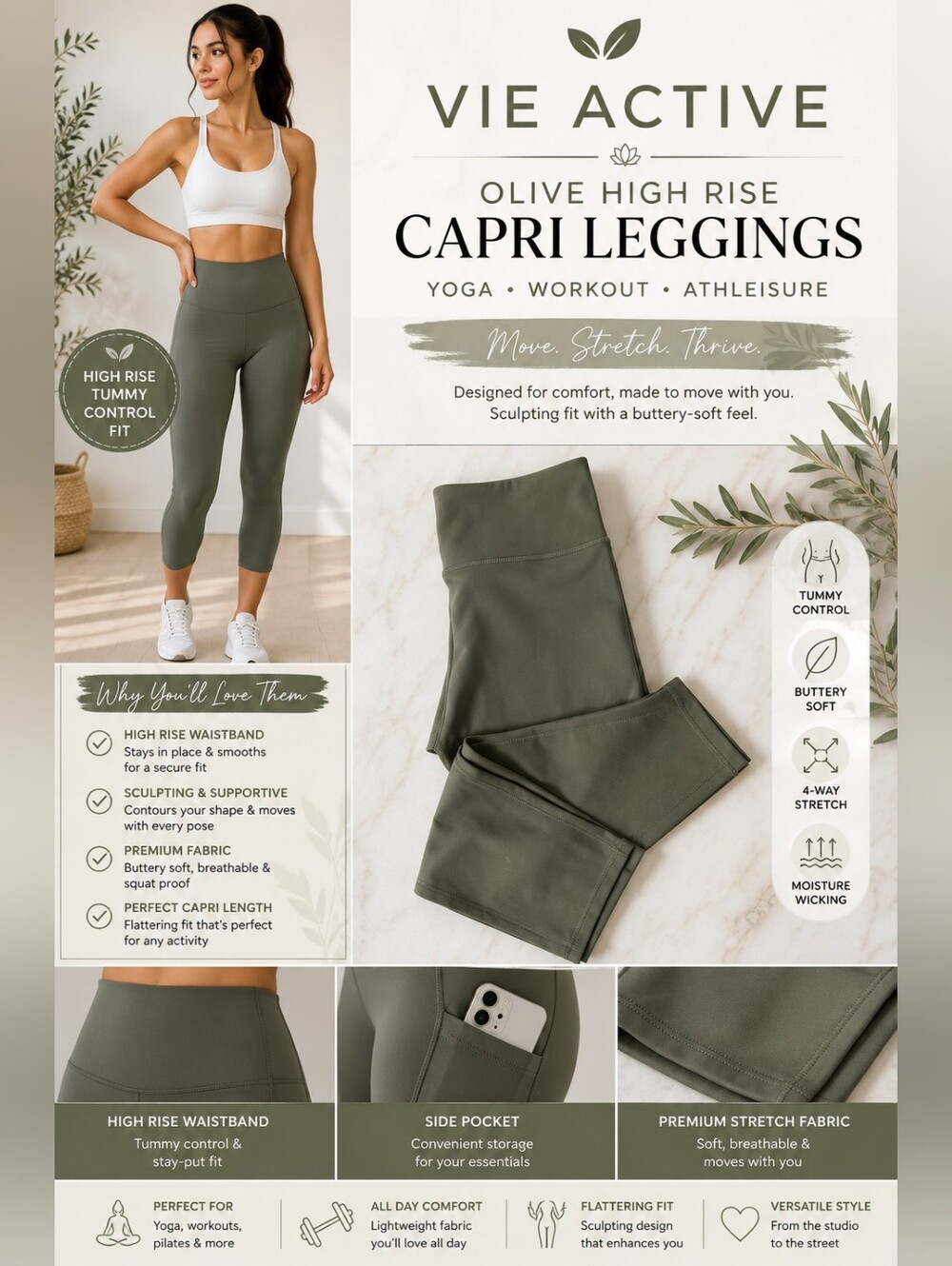 Vie Active Olive High Rise Capri Leggings Yoga Workout Athleisure Pants